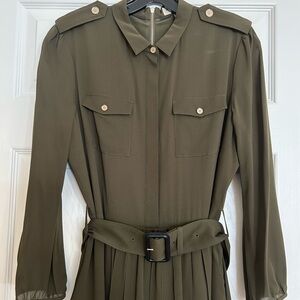 Burberry London Silk Olive Green Long Sleeve Dress